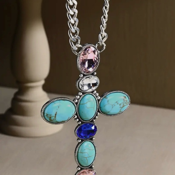 Statement Turquoise and Silver Cross Pendant Necklace NWT - Picture 1 of 9